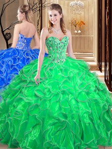 Green Quinceanera Gown Military Ball and Sweet 16 and Quinceanera and For with Embroidery and Ruffles Sweetheart Sleeveless Lace Up