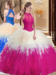High Quality Multi-color Backless Sweet 16 Quinceanera Dress Lace and Appliques and Ruffles Sleeveless Floor Length