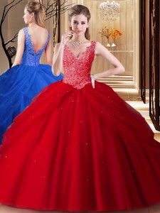 Fancy Backless Red Sleeveless Lace and Appliques and Pick Ups Floor Length Vestidos de Quinceanera