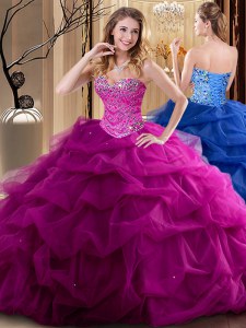 Fantastic Fuchsia Tulle Lace Up Sweetheart Sleeveless Floor Length Ball Gown Prom Dress Beading and Ruffles