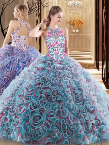 Fabric With Rolling Flowers High-neck Sleeveless Sweep Train Criss Cross Ruffles and Pattern Quinceanera Dresses in Multi-color
