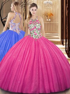 Scoop Hot Pink Ball Gowns Embroidery and Sequins Sweet 16 Dresses Backless Tulle Sleeveless Floor Length