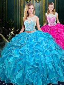 Classical Baby Blue Two Pieces Scoop Sleeveless Organza Floor Length Zipper Lace and Ruffles Quinceanera Dress