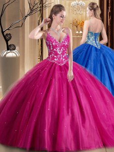 Hot Pink Tulle Lace Up Spaghetti Straps Sleeveless Floor Length Sweet 16 Dress Beading and Appliques