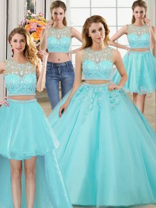 Flare Four Piece Ball Gowns Ball Gown Prom Dress Aqua Blue Scoop Tulle Sleeveless Floor Length Zipper