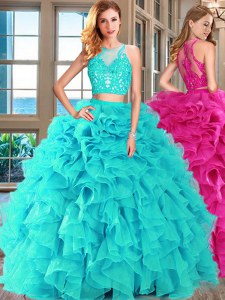 Top Selling Scoop Aqua Blue Two Pieces Appliques and Ruffles Sweet 16 Dress Lace Up Organza Sleeveless Floor Length
