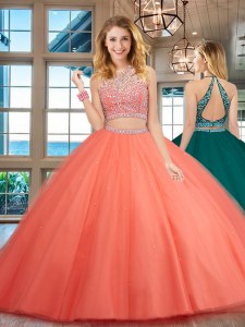 Great Scoop Sleeveless Tulle Sweet 16 Quinceanera Dress Beading Backless