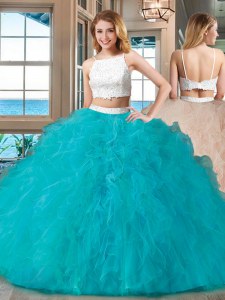 Deluxe Straps Beading Ball Gown Prom Dress Blue Backless Sleeveless Floor Length