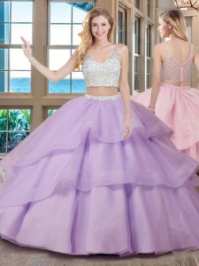 Lavender Two Pieces V-neck Sleeveless Organza With Brush Train Zipper Beading Sweet 16 Quinceanera Dress