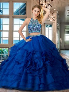 Artistic Royal Blue Scoop Neckline Beading and Ruffles Sweet 16 Dresses Sleeveless Backless