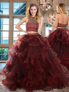 Trendy Burgundy Ball Gown Prom Dress Halter Top Sleeveless Brush Train Backless