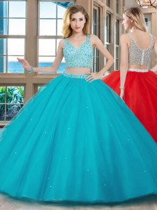 With Train Aqua Blue Ball Gown Prom Dress Tulle Brush Train Sleeveless Beading