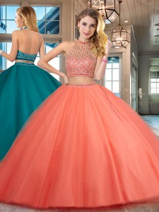 Hot Selling Halter Top Orange Red Tulle Backless Quinceanera Gown Sleeveless Floor Length Beading