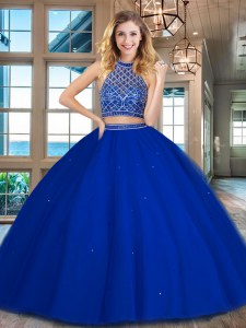 Trendy Halter Top Sleeveless Floor Length Beading Backless Quinceanera Gown with Royal Blue