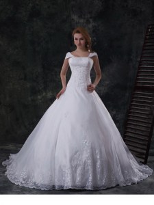 Organza Off The Shoulder Cap Sleeves Brush Train Lace Up Beading and Lace and Embroidery Bridal Gown in White