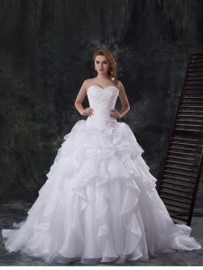 With Train Lace Up Bridal Gown White and In with Beading and Appliques and Ruffles Brush Train