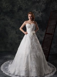 On Sale White Sweetheart Lace Up Beading and Appliques and Hand Made Flower Bridal Gown Court Train Sleeveless