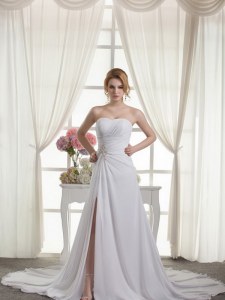Low Price White Chiffon Lace Up Sweetheart Sleeveless Wedding Dresses Court Train Beading and Appliques and Ruching