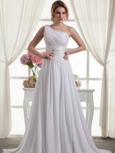 Dynamic One Shoulder Sleeveless Beading and Ruching Lace Up Wedding Gown with White Brush Train