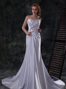 Silver Strapless Lace Up Beading and Ruching and Bowknot Wedding Dresses Brush Train Sleeveless