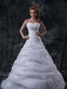 Chic White Organza Lace Up Sweetheart Sleeveless Floor Length Wedding Gowns Brush Train Beading and Ruching and Pick Ups