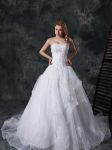 Vintage Sweetheart Sleeveless Organza Wedding Dress Beading and Lace and Appliques Court Train Lace Up