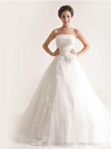 Captivating Strapless Sleeveless Tulle Wedding Gown Appliques Court Train Lace Up