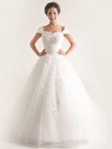 Charming White Lace Up Wedding Dress Lace and Appliques Cap Sleeves With Brush Train