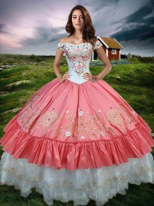 Ruffled Ball Gowns Vestidos de Quinceanera Watermelon Red Off The Shoulder Organza and Taffeta Sleeveless Floor Length Lace Up