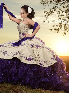 White And Purple Sweetheart Lace Up Embroidery and Ruffles Quinceanera Dress Brush Train Sleeveless
