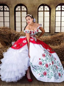 Super Off the Shoulder Ruffled White and Red Cap Sleeves Organza and Taffeta Lace Up Sweet 16 Quinceanera Dress for Military Ball and Sweet 16 and Quinceanera