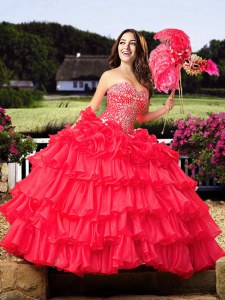Custom Fit Coral Red Quinceanera Dresses Military Ball and Sweet 16 and Quinceanera and For with Beading and Ruffled Layers Sweetheart Sleeveless Lace Up