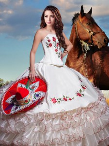 Glittering White Ball Gowns Embroidery and Ruffled Layers Vestidos de Quinceanera Lace Up Organza and Taffeta Sleeveless Floor Length