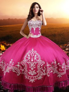 Hot Pink Taffeta Lace Up Quinceanera Gowns Sleeveless Floor Length Beading and Embroidery