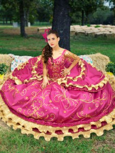 Off the Shoulder Floor Length Lace Up Sweet 16 Dress Fuchsia for Military Ball and Sweet 16 and Quinceanera with Beading and Embroidery