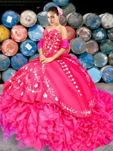 Spectacular Sleeveless With Train Beading and Embroidery and Ruffles Lace Up Vestidos de Quinceanera with Hot Pink Brush Train