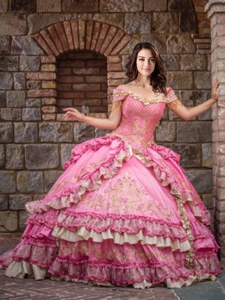 High End Ruffled Floor Length Rose Pink Vestidos de Quinceanera Off The Shoulder Sleeveless Lace Up