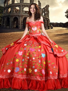 New Arrival Ball Gowns Quinceanera Gown Red Off The Shoulder Taffeta Sleeveless Floor Length Lace Up