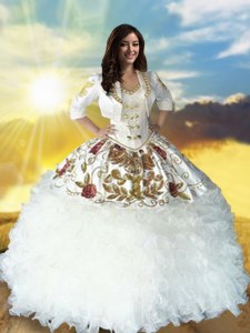 Sophisticated White Ball Gowns Beading and Embroidery and Ruffles Sweet 16 Quinceanera Dress Lace Up Organza Sleeveless Floor Length