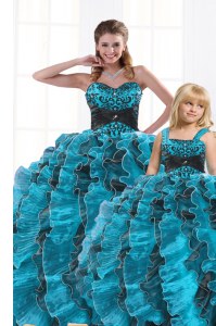 Aqua Blue Sleeveless Beading and Appliques and Ruffles Floor Length Quince Ball Gowns