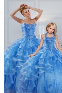 Glamorous Ruffled Baby Blue Sleeveless Organza Lace Up 15th Birthday Dress for Military Ball and Sweet 16 and Quinceanera