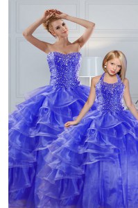 Ruffled Blue Sleeveless Organza Lace Up Sweet 16 Quinceanera Dress for Military Ball and Sweet 16 and Quinceanera