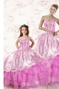 Best Selling Embroidery and Ruffled Layers Quince Ball Gowns Lilac Lace Up Sleeveless Floor Length