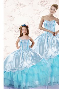 Baby Blue Organza Zipper Sweetheart Sleeveless Floor Length Quince Ball Gowns Embroidery and Ruffled Layers