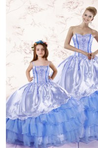 Floor Length Baby Blue Sweet 16 Dress Organza Sleeveless Beading and Ruffled Layers