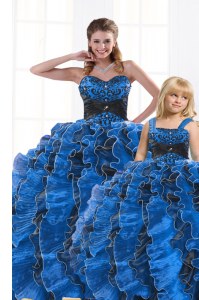 Royal Blue Lace Up Sweetheart Beading and Appliques and Ruffles Quinceanera Gown Organza Sleeveless