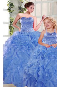 Blue Sleeveless Organza Lace Up Sweet 16 Quinceanera Dress for Military Ball and Sweet 16 and Quinceanera