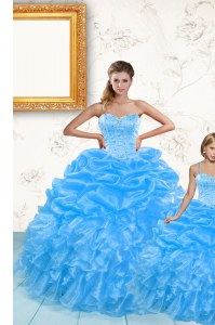 Stylish Floor Length Baby Blue Quinceanera Gown Organza Sleeveless Beading and Ruffles and Pick Ups