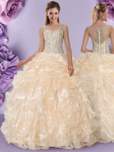 Straps Floor Length Zipper 15 Quinceanera Dress Champagne for Military Ball and Sweet 16 and Quinceanera with Beading and Ruffles