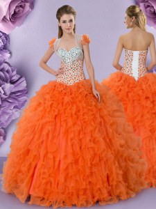 Orange Red Sleeveless Tulle Lace Up 15 Quinceanera Dress for Military Ball and Sweet 16 and Quinceanera